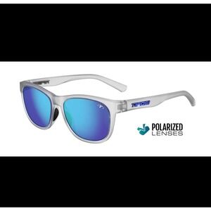 Tifosi Swank sunglasses polarized frost satin clear frame smoke tint blue mirror